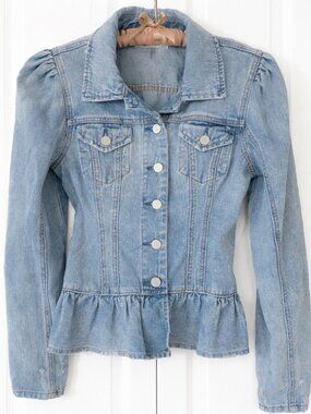 New Chelsea & Violet Cropped Denim Jean Jacket Puff Sleeve Peplum Hem | XS